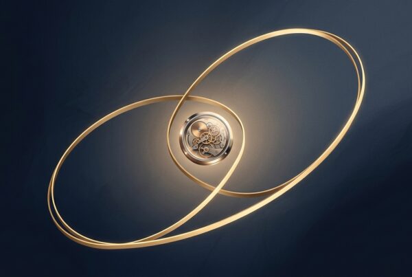 Golden ribbon forming a continuous loop around a polished clockwork core on a deep navy background