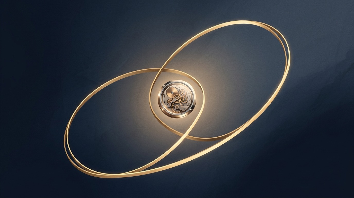 Golden ribbon forming a continuous loop around a polished clockwork core on a deep navy background