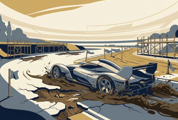 A race car spinning its wheels in mud on an unfinished, cracked track foundation, symbolizing that a faster AI model cannot overcome a weak data foundation
