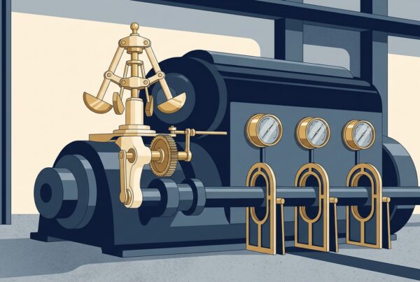 Industrial engine fitted with a brass governor and a row of gauges and gates along its drive shaft, symbolizing paced and supervised AI power
