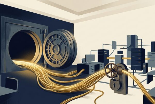 Open bank vault with golden cables flowing into connected office systems through a padlocked valve, symbolizing governed AI access to financial data