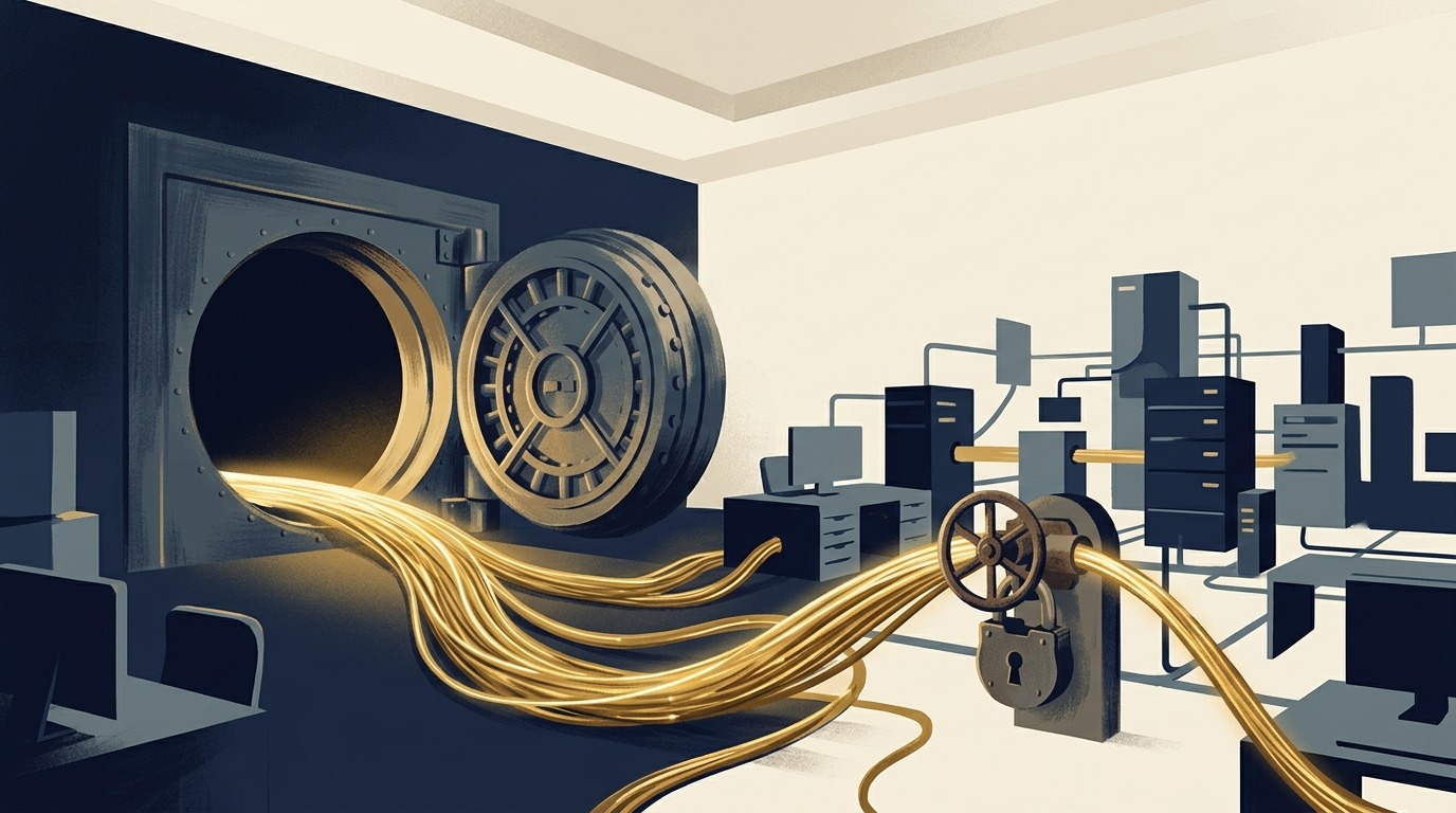 Open bank vault with golden cables flowing into connected office systems through a padlocked valve, symbolizing governed AI access to financial data