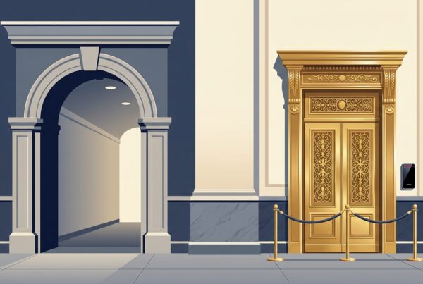A plain open archway beside an ornate gold door guarded by a keycard reader and velvet rope, symbolizing public versus vetted AI access