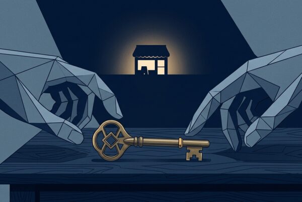 Illustration of a brass key on a desk with two abstract hands reaching for it and a small storefront behind