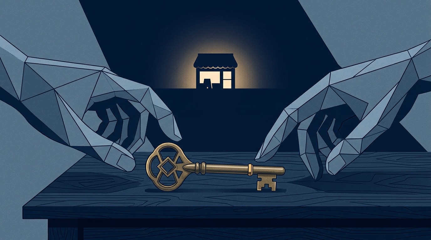 Illustration of a brass key on a desk with two abstract hands reaching for it and a small storefront behind
