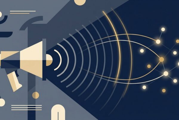 Flat vector illustration of a megaphone emitting signal arcs toward a cluster of glowing nodes, most arcs fading before they arrive